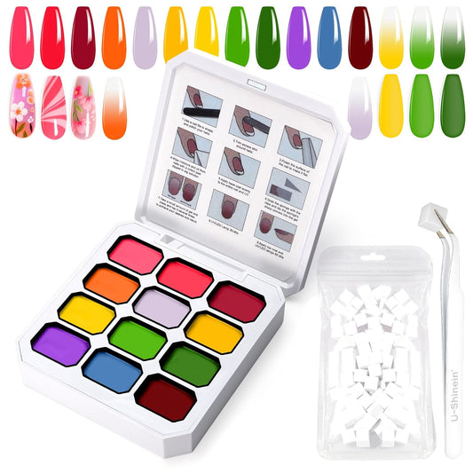 Gradient Painting Gel, 12 Ombre Gel Nail Polish with 100Pcs Nail Sponges &Tweezers for Pigmented Pat Nails Aura Nails French Manicure Soak Off UV Long-lasting Set Palette Electric Carnival