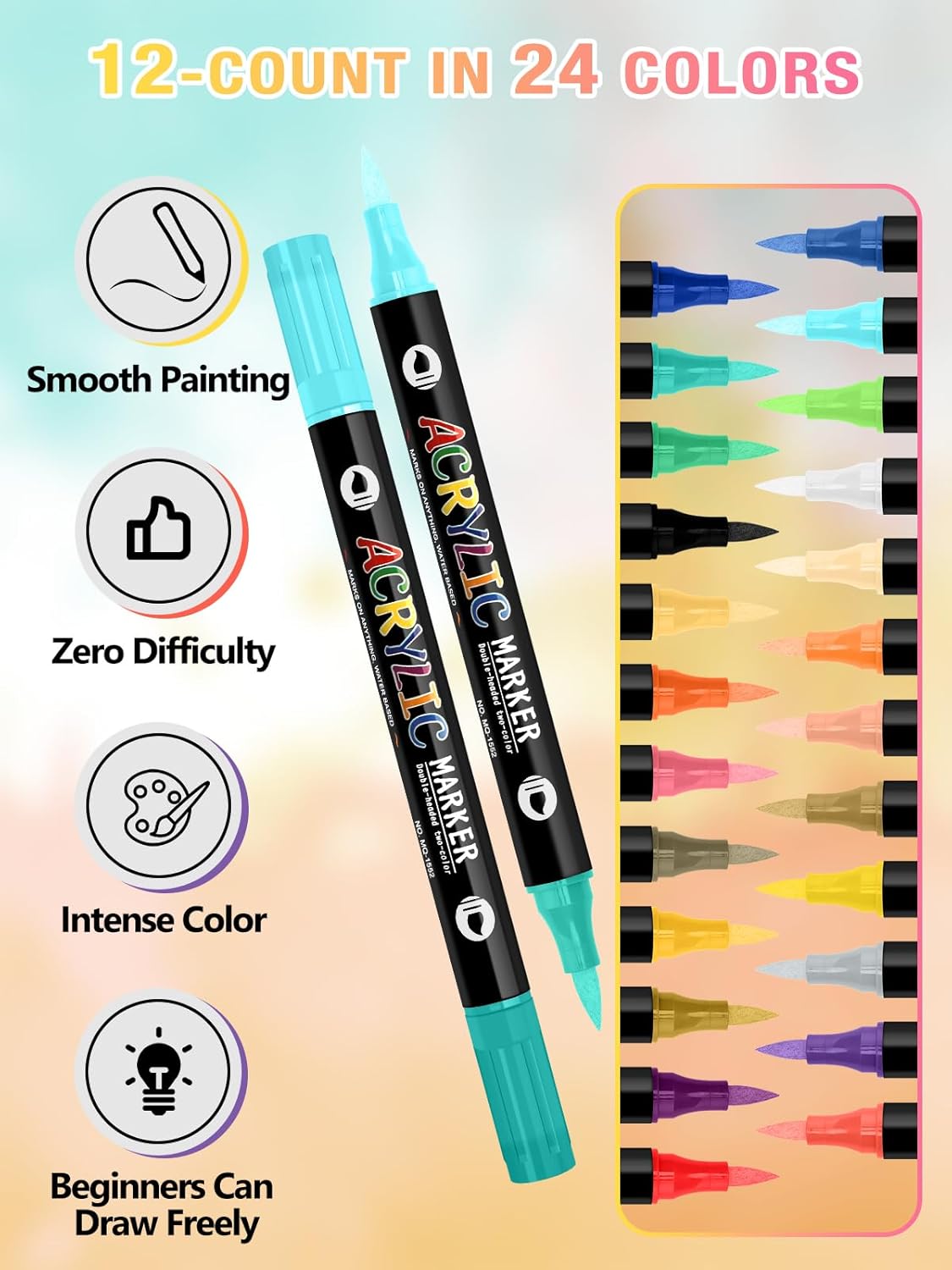 EBANKU 24 Color Nail Art Pens Set 3D Acrylic Paint Nail Art Quick-Drying Nail Point Dotting Liner Pen Sets for Home & Salon Nail DIY, 12 Count Double Headed Nail Pens