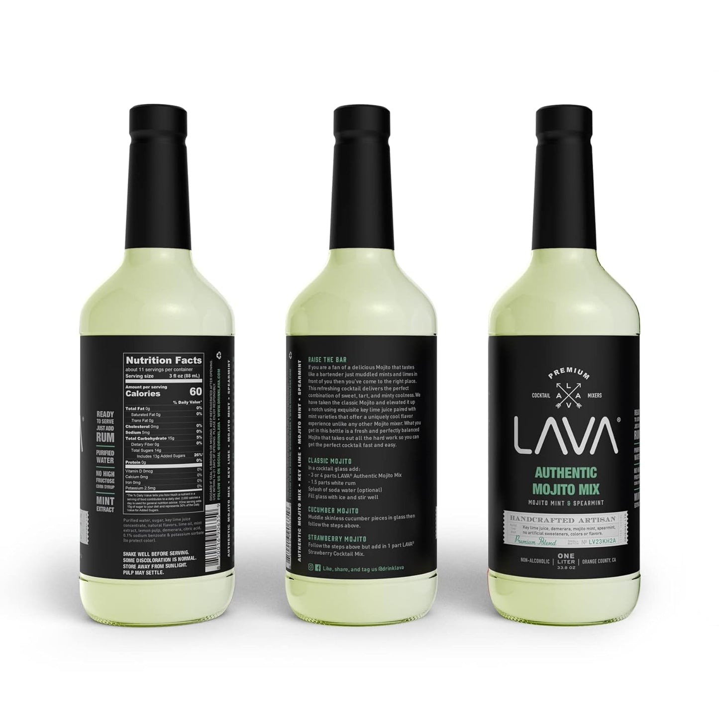 LAVA Premium Authentic Mojito Mix, Made with Real Lime Juice, Mojito Mint, Spearmint, Demerara, Cane Sugar, Refreshing Rum Mojito Mixer. Ready to Use. 1-Liter (33.8oz) Glass Bottle