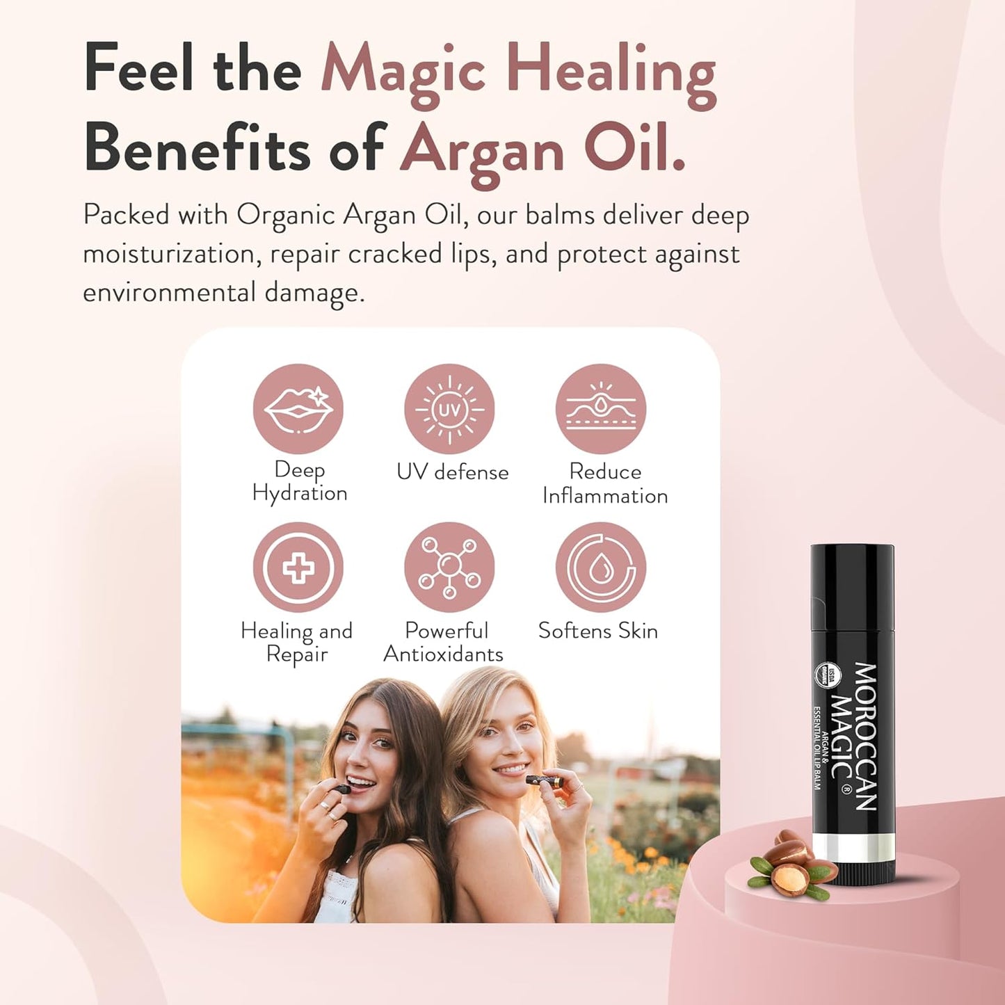 Moroccan Magic Organic Lip Balm Variety 3 Pack | Rose, Peppermint Eucalyptus, Lemon Thyme | Ultra Hydrating Argan and Essential Oils | Smooth Application | Non-Toxic Cruelty Free | Natural Gift Set