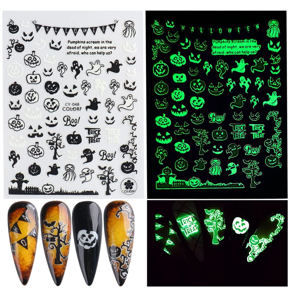 Luminous Nail Stickers - 3D Halloween Nail Art Designs - Skull, Ghost, Pumpkin, Spider, Bat Decals - Self-Adhesive, 6 Sheets