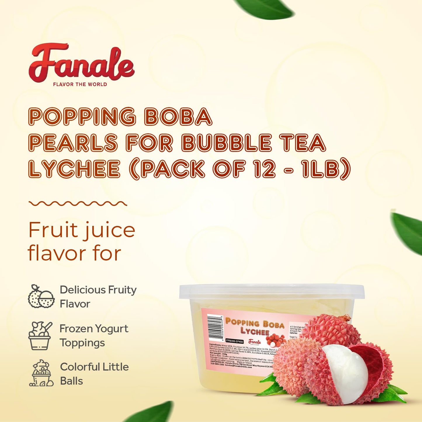 Fanale Lychee Popping Boba Pearls, Vegan, Non GMO, Gluten Free, Fat Free, Perfect for Bubble Tea, Smoothies, Ice Cream, Desserts, and Beverages 1lb x 12.