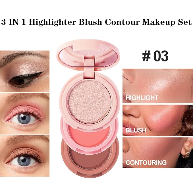 3-in-1 Blendable Trio, Contour and Highlight Blush Makeup Palette, Cream Bronzer, Silky Smooth Powder Blush, Shimmer Highlighter Makeup Powder, Pink Brown Eyeshadow Palette with Mirror(03)