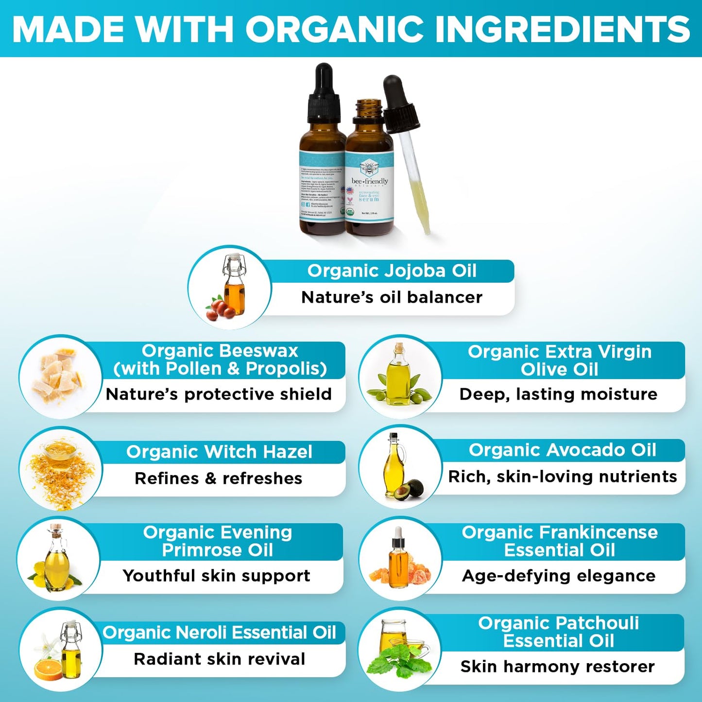 Organic Face & Eye Serum By BeeFriendly, Deep Hydration, Nourishes, Tightens, and Firms Facial Skin, and Lifts Facial Skin USDA Certified & All Natural Serum for Face, Women or Men, 1 oz