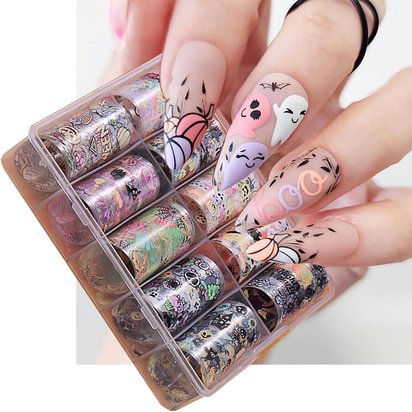 Halloween Nail Foil Transfers Stickers 10 Rolls Cartoon Design Halloween Nail Art Foils Decals Ghost Pumpkin Spider Bat Nail Transfer Foil Cute Nails Supplies Set for Women DIY Manicure Decorations