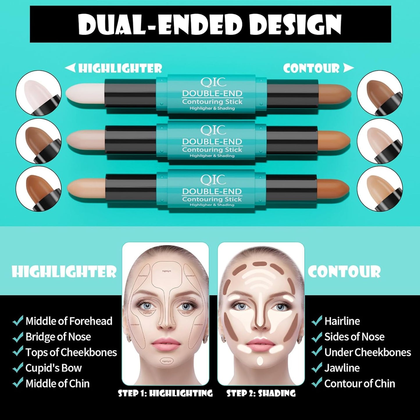 MEICOLY 2-in-1 Highlighter Contour Stick,Cool Toned Contour Stick,Makeup Highlighter Stick,Long Lasting Waterproof Bronzer Contour Pencil,Travel Cream Face Shaping Stick,02