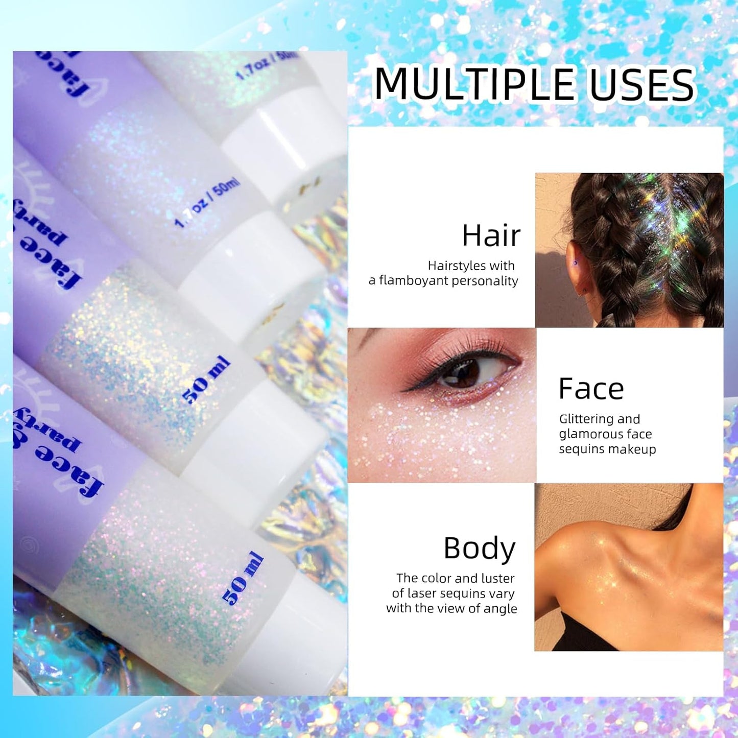 DAGEDA Body Glitter Gel, Holographic Face Glitters Body Gel Shimmer Liquid Eyeshadow, Color Changing Glitter for Face Hair Nails, Glitter Under Light Festival Glitter Makeup 1.7oz (Neno Pink)