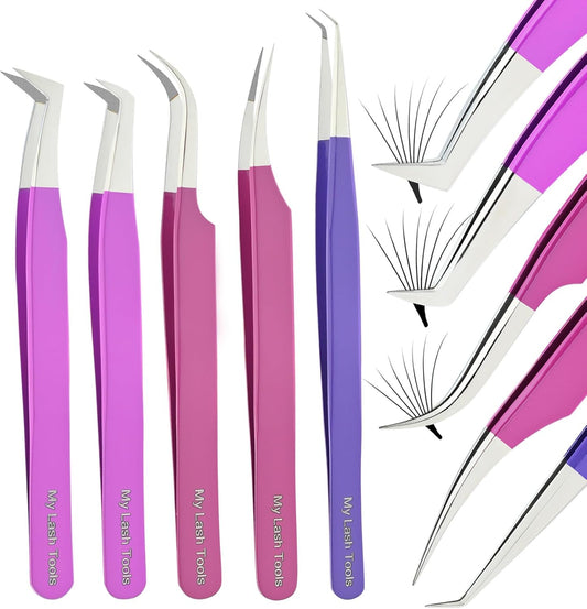 Fiber Tip Lash Tweezers Eyelash Extension Tweezers set for Lash Extensions Precision Boot Volume Eye lash Extensions Tweezers Steel Curved Isolation Tweezer fiber grip tweezers (5pcs)