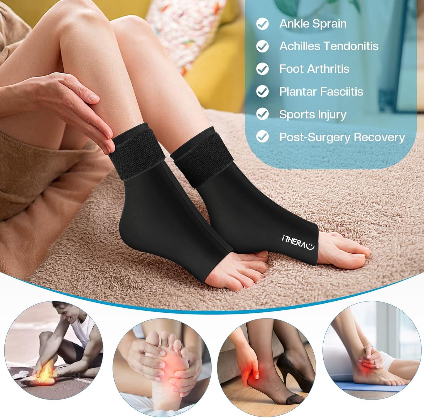iTHERAU Ankle Ice Pack Wrap, Reusable Gel Hot & Cold Therapy for Foot & Heel Injuries | Achilles Tendonitis, Plantar Fasciitis, Swelling, Sprained, Pain Relief, 2 Pack