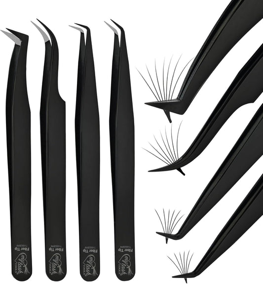 Fiber Tip Lash Tweezers for Lash Extensions, Precision Boot Volume Eyelash Extensions Tweezers Japanese Steel Curved & Isolation fiber grip tweezers pinzas para pestaas (4pcs Set)