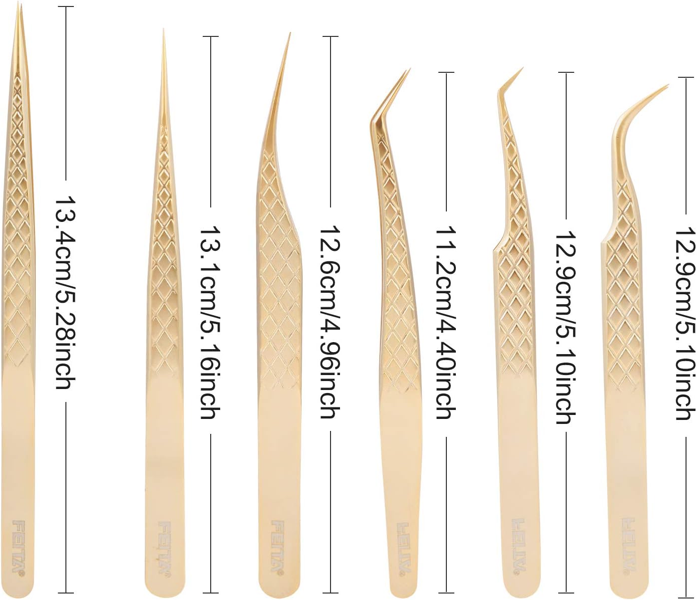FEITA Eyelash Extension Tweezer Set Gold Lash Applicator Tool - Precision Lashes Diamond Grip Tweezers for 2D-6D Volume & Individual Eyelashes Extensions Supplies (6Pcs)