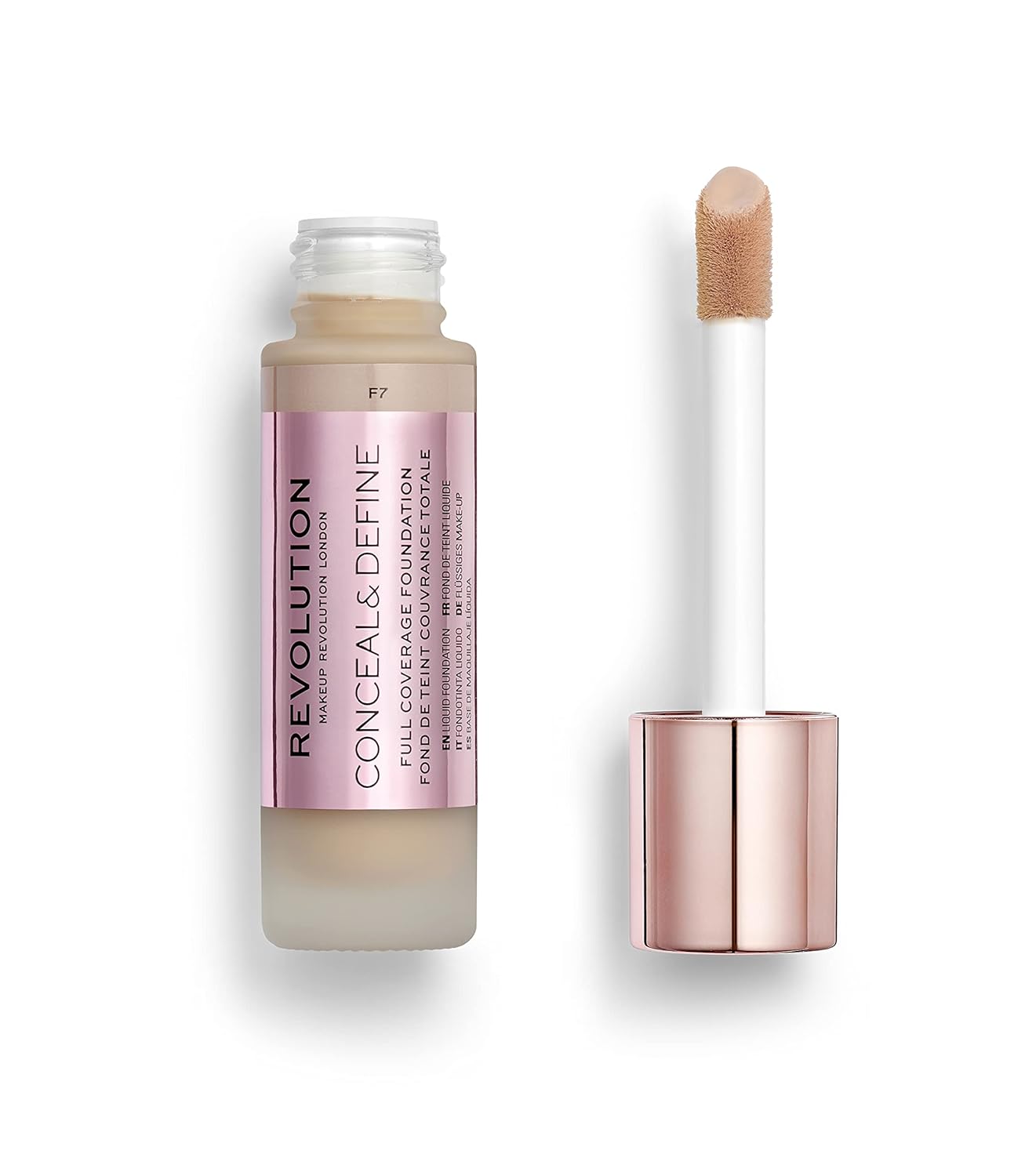 Makeup Revolution Conceal & Define Foundation, Cream Foundation Makeup, Full Coverage, For Medium Skin Tones, Vegan & Cruelty-Free, F7, 23ml