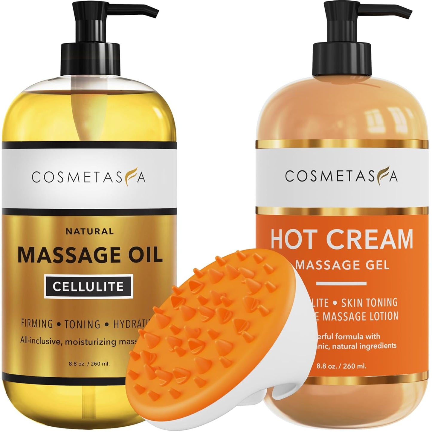 Cellulite Massage Oil, Gel & Mitt - Natural Hot Cream Massage Gel, Oil & Massager - Firm, Tone, Tighten & Moisturize Skin. Soothes Muscles (8.8 oz.)