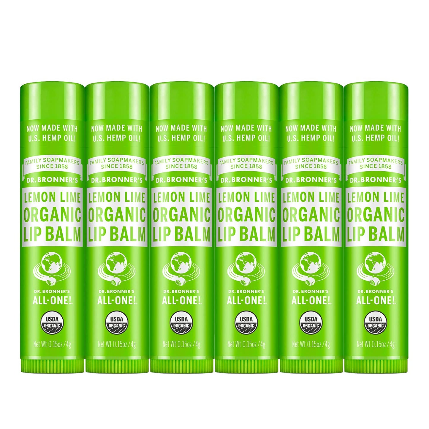 Dr. Bronner’s Organic Lip Balm 6-Pack (.15oz) Natural, Moisturizinging, Petroleum-Free Lip Balm with Beeswax & Avocado Oil for Dry Lips, Men & Women - Lemon Lime
