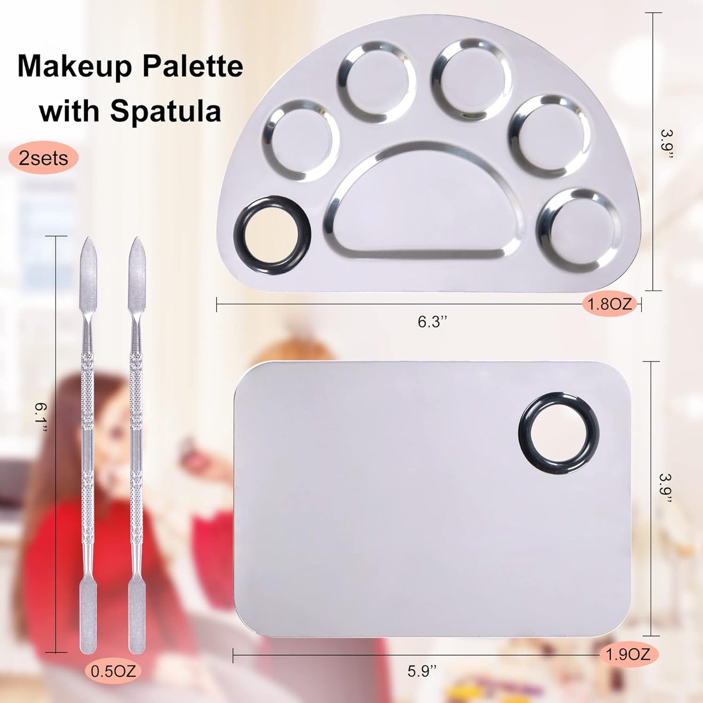 Makeup Palette, Makeup Mixing Palette, Stainless Steel Metal Foundation Palette with Spatula Artist Tool for Mixing Foundation Nail-Art, Cosmetic Mixing Makeup Palette, Makeup Plate, 6×4"/Silver/2pcs