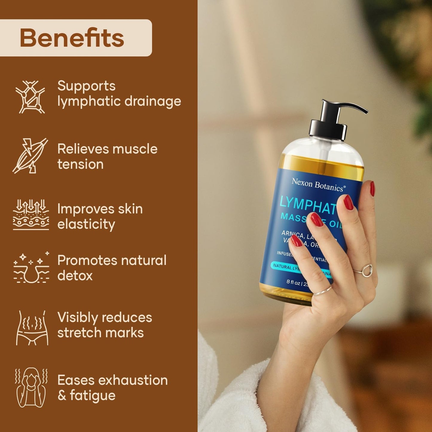 Lymphatic Drainage Massage Oil for Massage Therapy 8 fl oz - Refreshing and Relaxing - Natural Oils with Arnica, Vanilla and Lavender Oil - for Men and Women - Nexon Botanics
