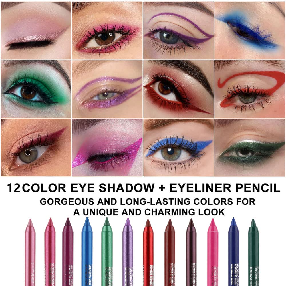 evpct 12Pcs Pink Rose Red Orange Purple Black Silver Blue Red Brown Colored Glitter Eyeliner Eye Liner Pencils Makeup Set for Women Waterproof lapiz delineadores de colores para ojos contra el agua