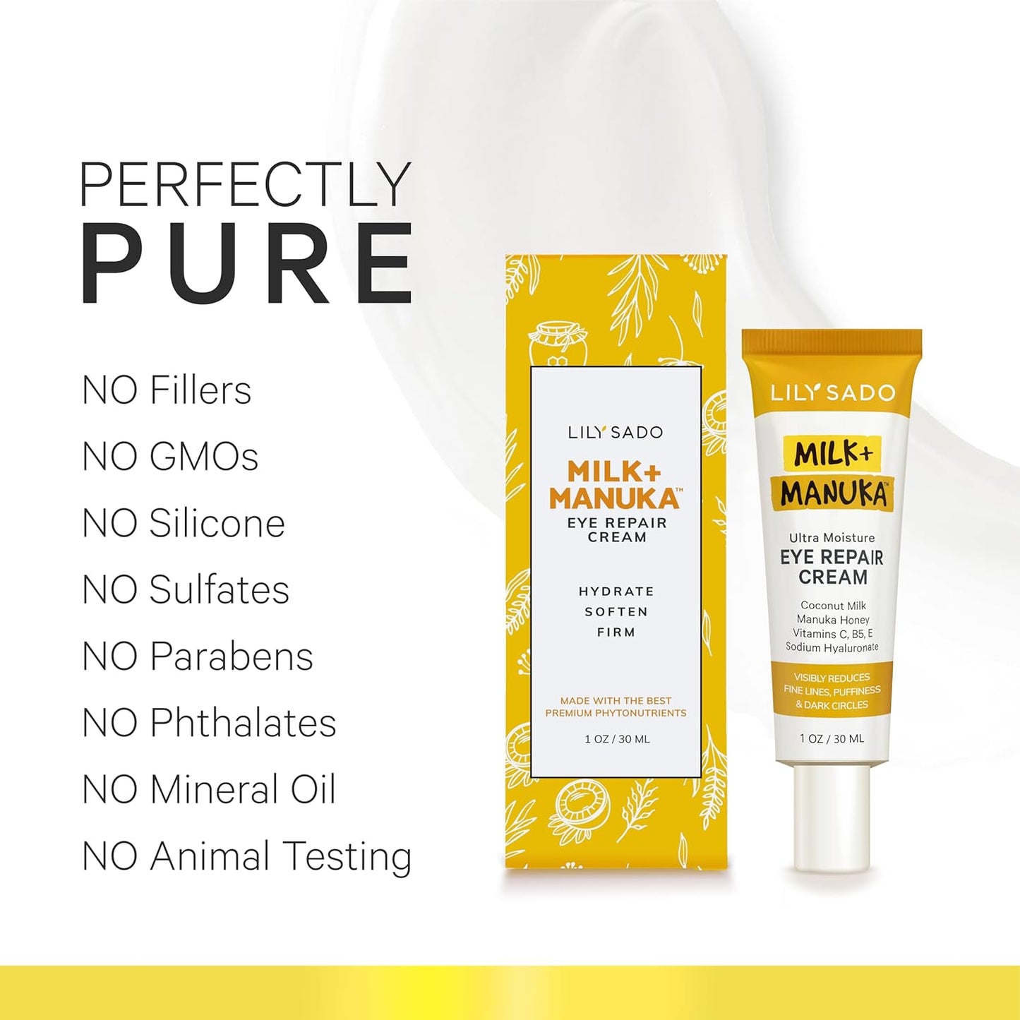 LILY SADO MILK+MANUKA™ Eye Repair Cream - Anti-Aging Natural Gentle Formula w/Coconut Milk, Manuka Honey, Sodium Hyaluronate & VITS C, B5 & E - Prevents Puffiness, Under-eye Wrinkles & Eye Bags - 1oz