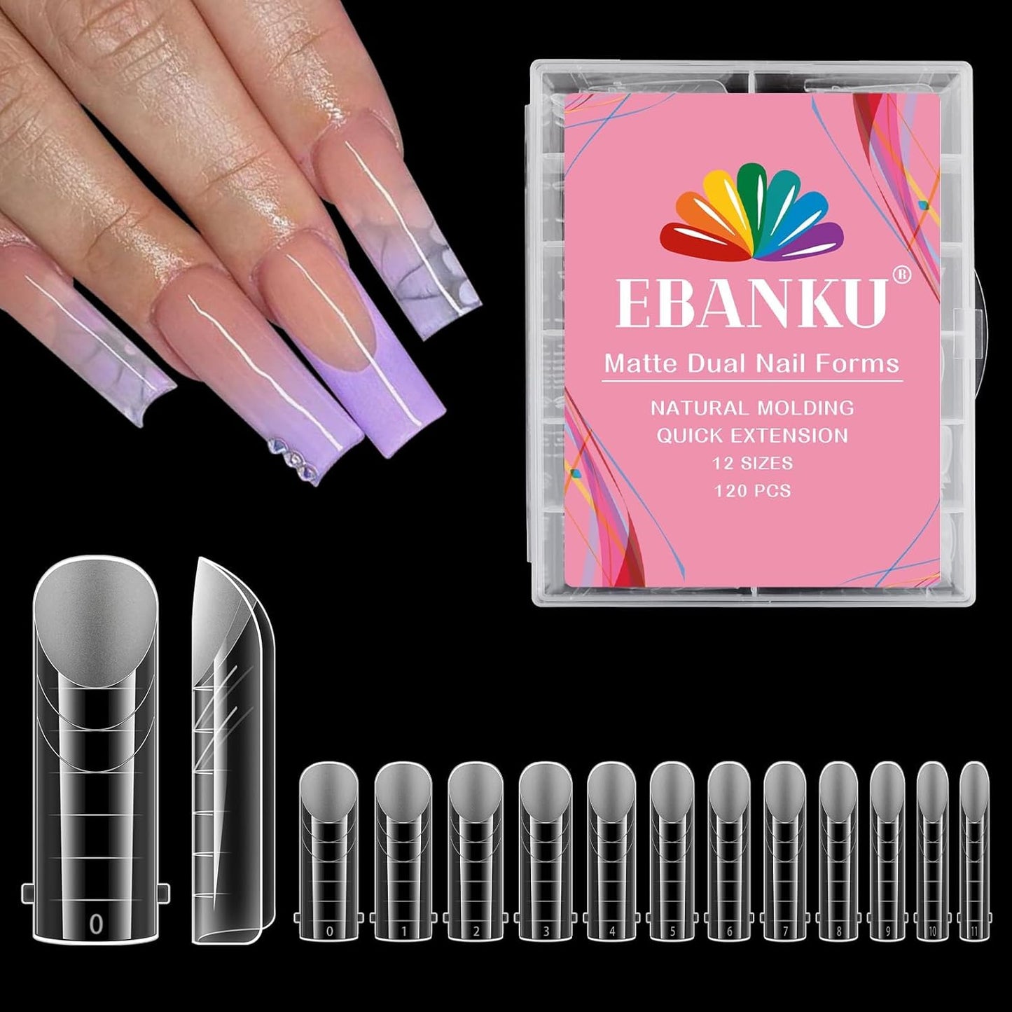 EBANKU Poly Gel Nail Forms, 120Pcs Coffin Matte Dual Nail Forms Clear Nail Molds Square Full Cover Nail Tips for Nail Extension Nail Art DIY 12 Sizes
