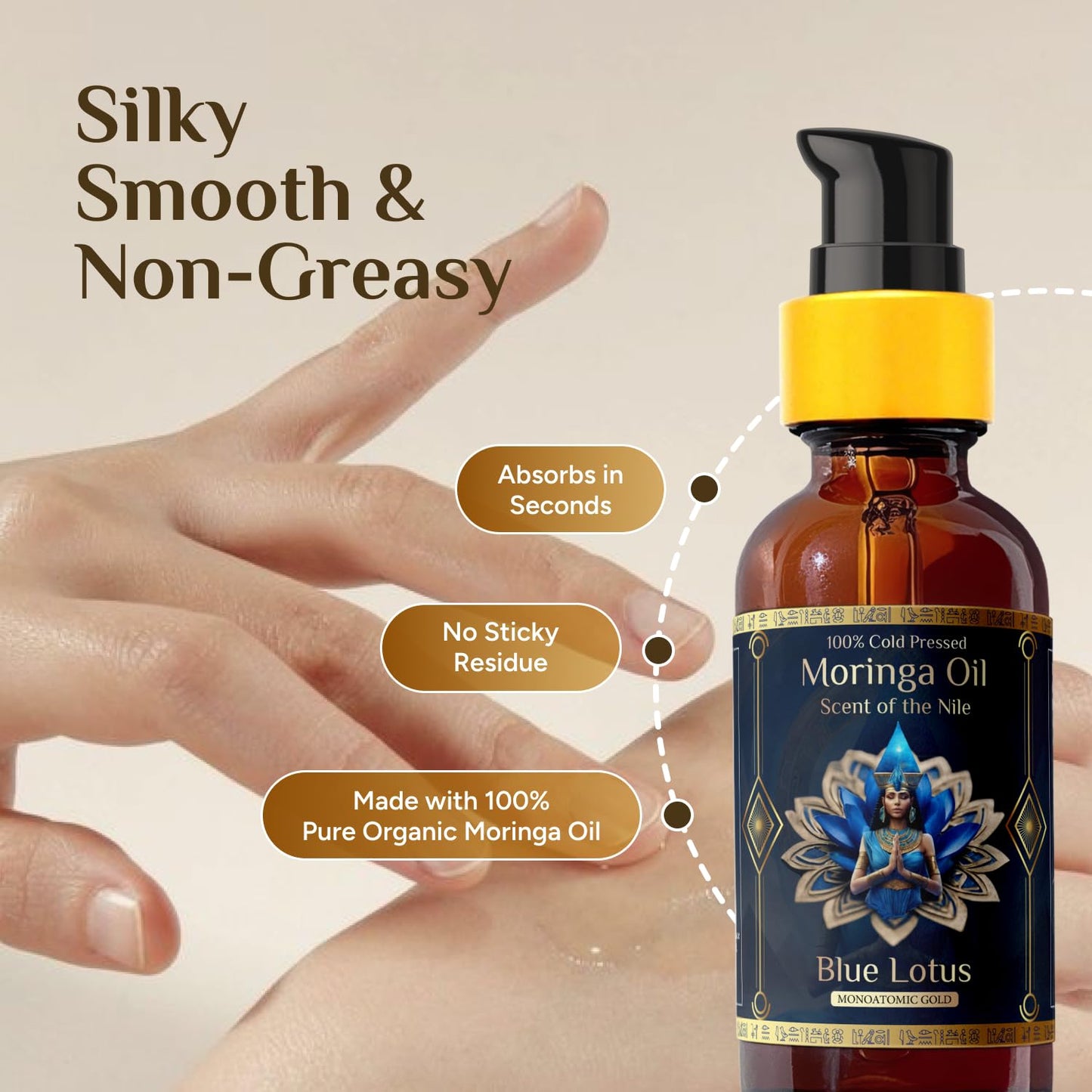 Pure Organic Moringa Oil with Blue Lotus Flower | Deep Hydrating & Anti-Aging Ritual Oil for Skin, Hair & Nails | Premium 100% Cold Pressed Moringa Seed Extraction, Nourishes & Hydrates Skin 1oz.