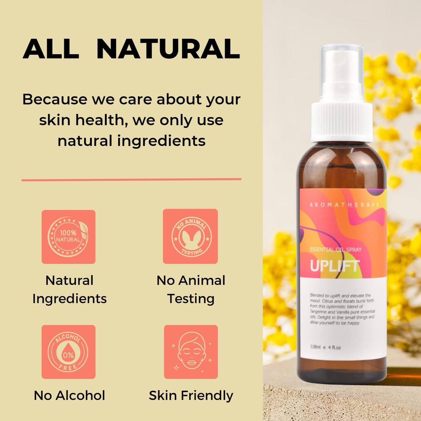 Benatu Citrus Vanilla Essential Oil Blend Spray for Body and Hair, Multi-Use Natural Uplift Scent Aromatherapy Room Linen Mist for Bedding, Pillow, Fabric, Car 4 fl oz