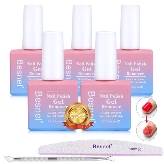 Gel Nail Polish Remover 5 Pack Professional Gel Polish Remover Non-Irritating Quick Easy,Nail Polish Gel Remover Tools Kit Nail File Cuticle Pusher Nail File Grit, No Need For Foil Soaking Or Wrapping