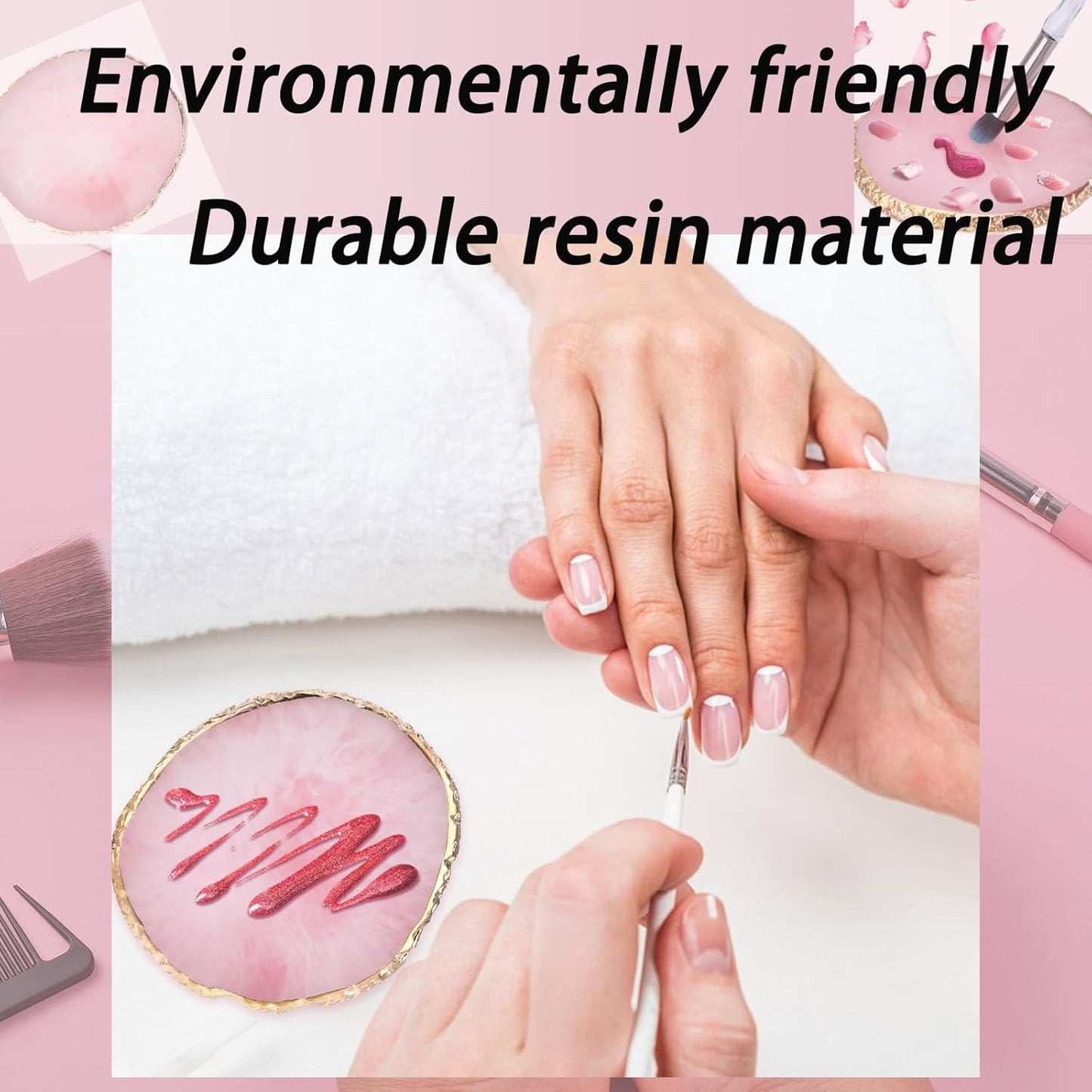 Makeup Palette Tray, Nail Tech Bag, Resin Nail Art Palette Makeup Mixing Palette Gold Edge Nail Art Tools Gel Design Nail Tray DIY, Mixing Palette, Nail Palette (3.86 x 3.43inch Pink)