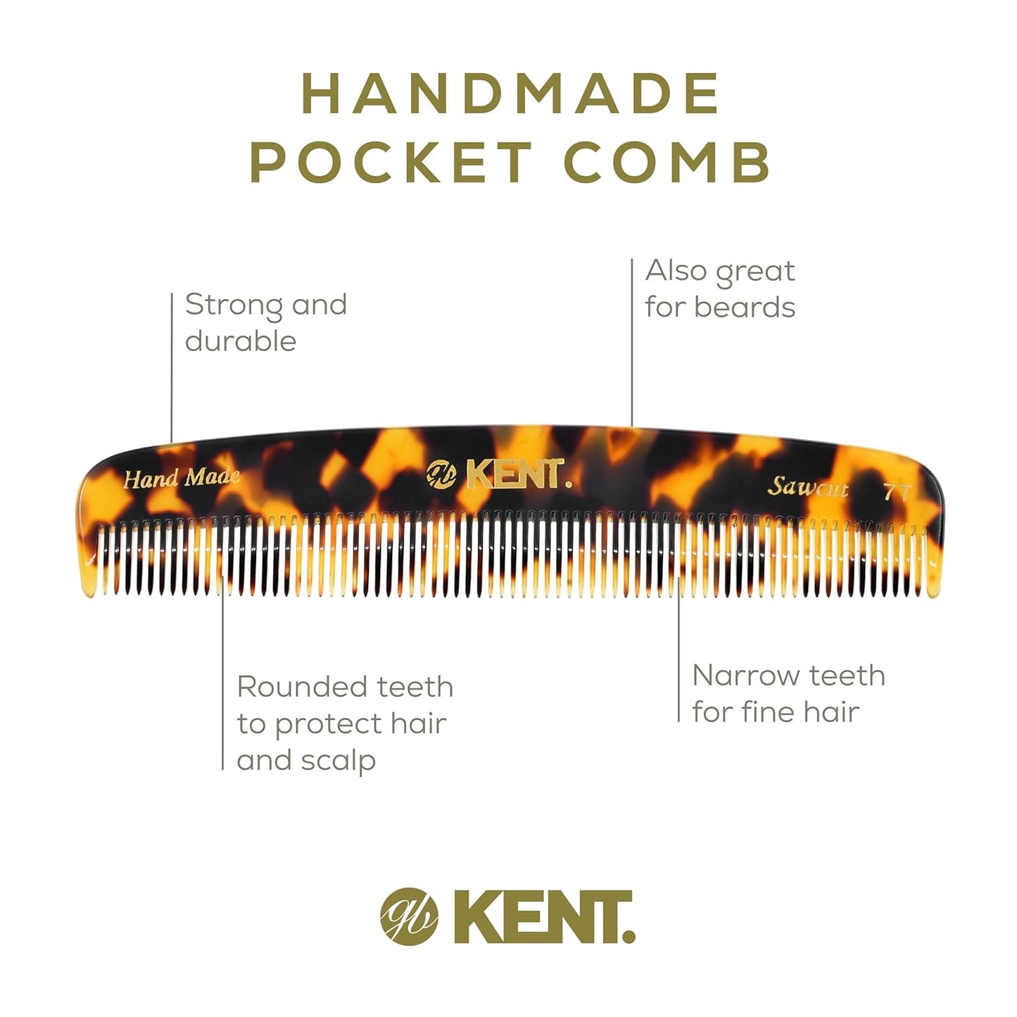 Kent 7T TY Handmade All Fine Tooth Pocket Comb for Men, Hair Comb Straightener for Everyday Grooming Styling Hair, Mustache and Beard, Use Dry or with Balms, Saw Cut and Hand Polished, Made in England