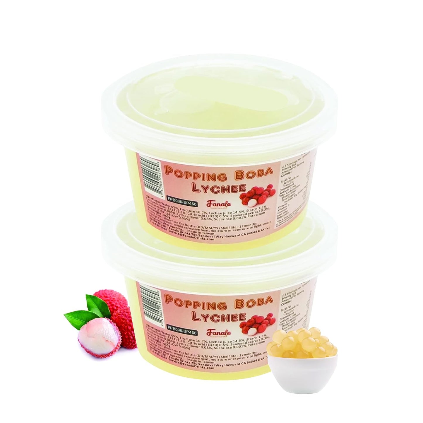 Fanale Popping Boba Pearls for Bubble Tea - 2 lb (1 lb X 2) | Lychee | Bursting Boba Pearls Bubble 450g X 2 | Fruit Juice Flavor for Shakes, Dessert, Smoothie | FPB006-SP450 X 2