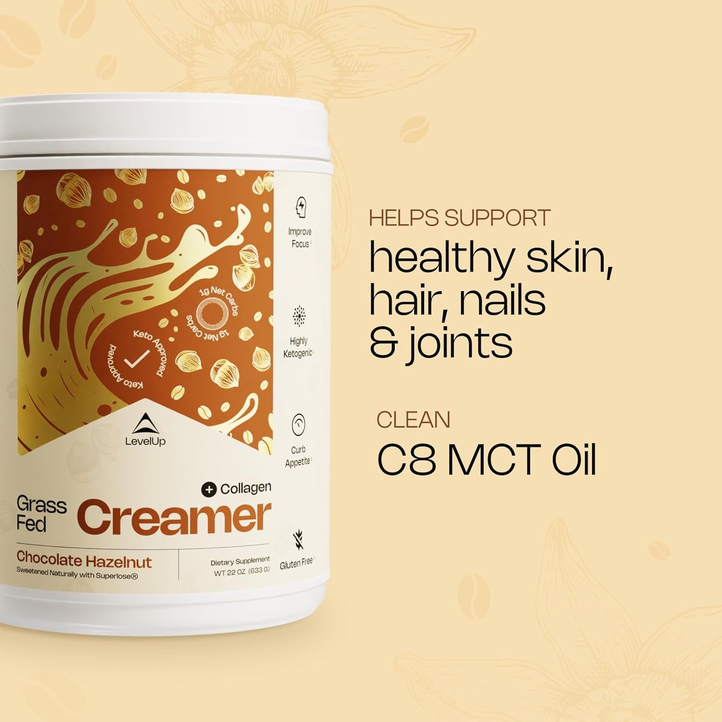 LevelUp Creamer, with Energizing MCT Oil and Collagen Peptides, Keto Coffee Creamer, Supports Natural Energy & Ketone Production - Chocolate Hazelnut