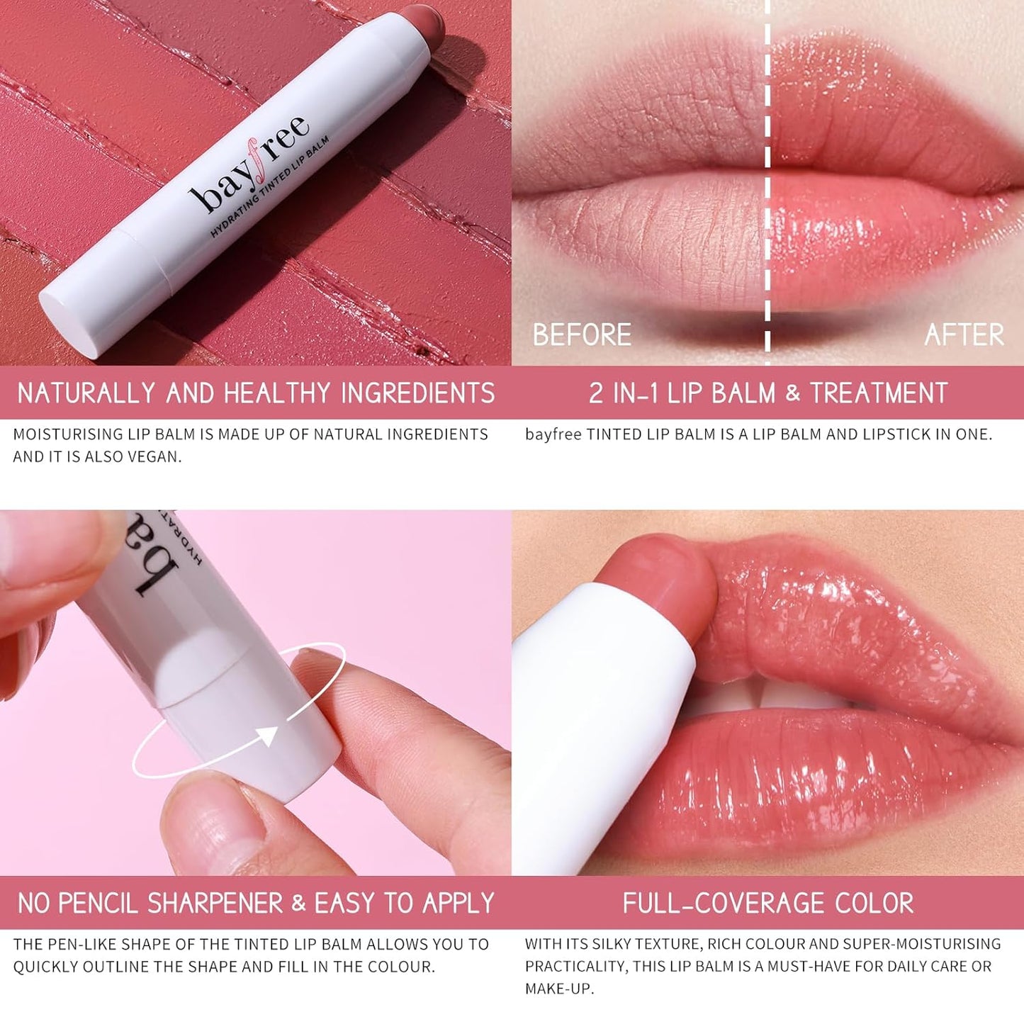 Tinted Lip Balm Plumper, Glossy, Pump Lips, Lightweight, Moisturize & Tint with Jojoba Seed Oil, Vegan Lipbalm Lip Care, Pink Rose