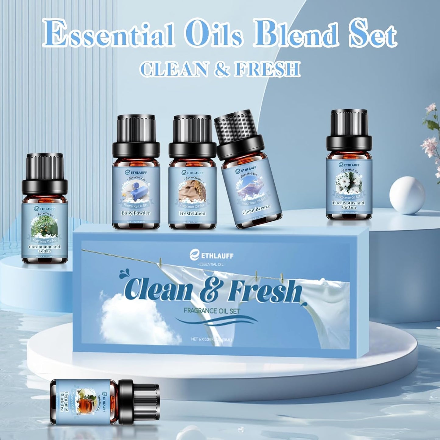 Clean Essential Oils Set, Laundry Collection Essential Oils Set, Pack of 6 Fragrance Oil for Diffuser for Home, Use with Wool Dryer Balls Scents - Fresh Linen, Clean Breeze, Eucalyptus and Cotton