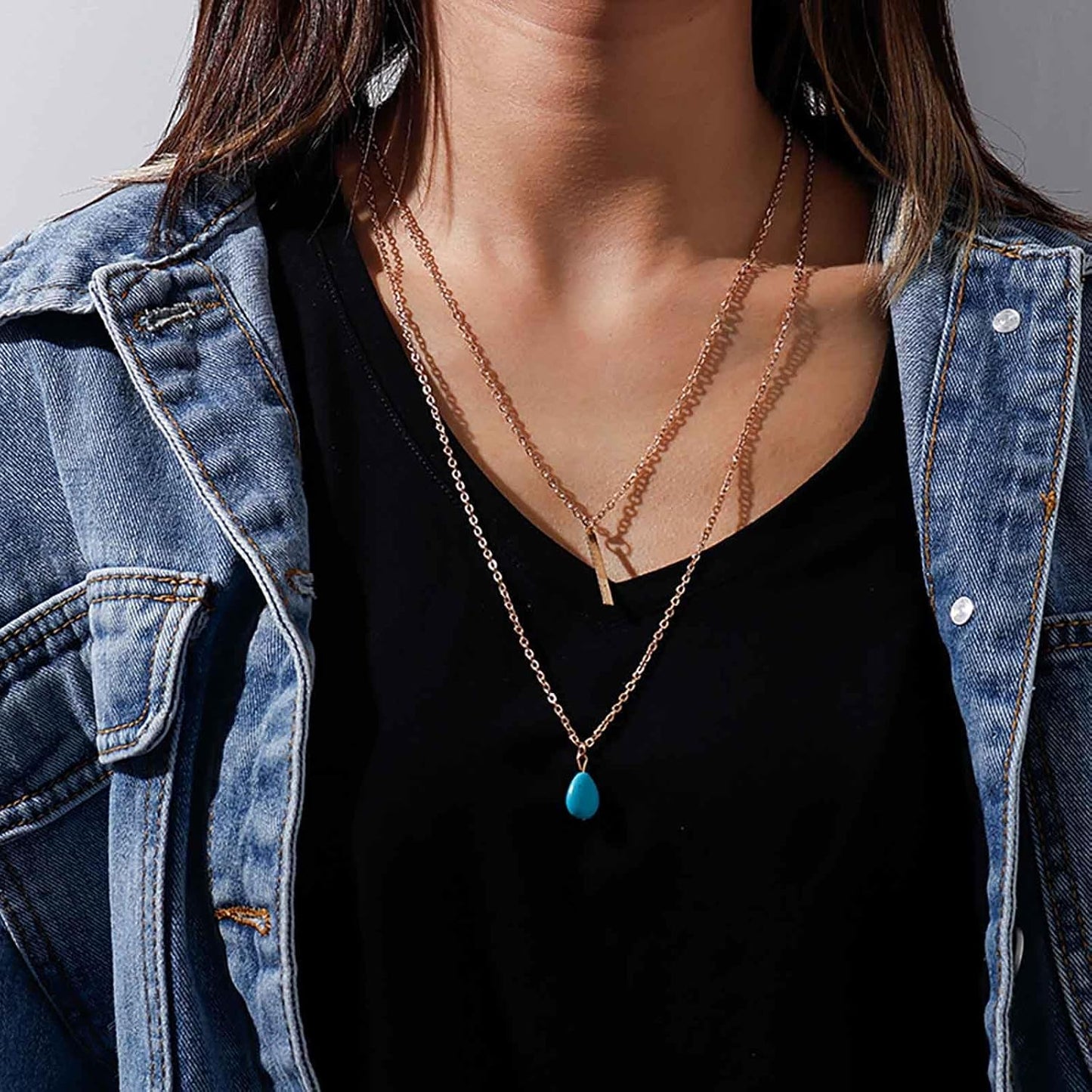 Boho Teardrop Turquoise Neckalce Layered Turquoise Pendant Neckalce Gold Bar Pendant Necklace Vintage Layering Turquoise Water drop Necklace Jewelry for Women and Girls