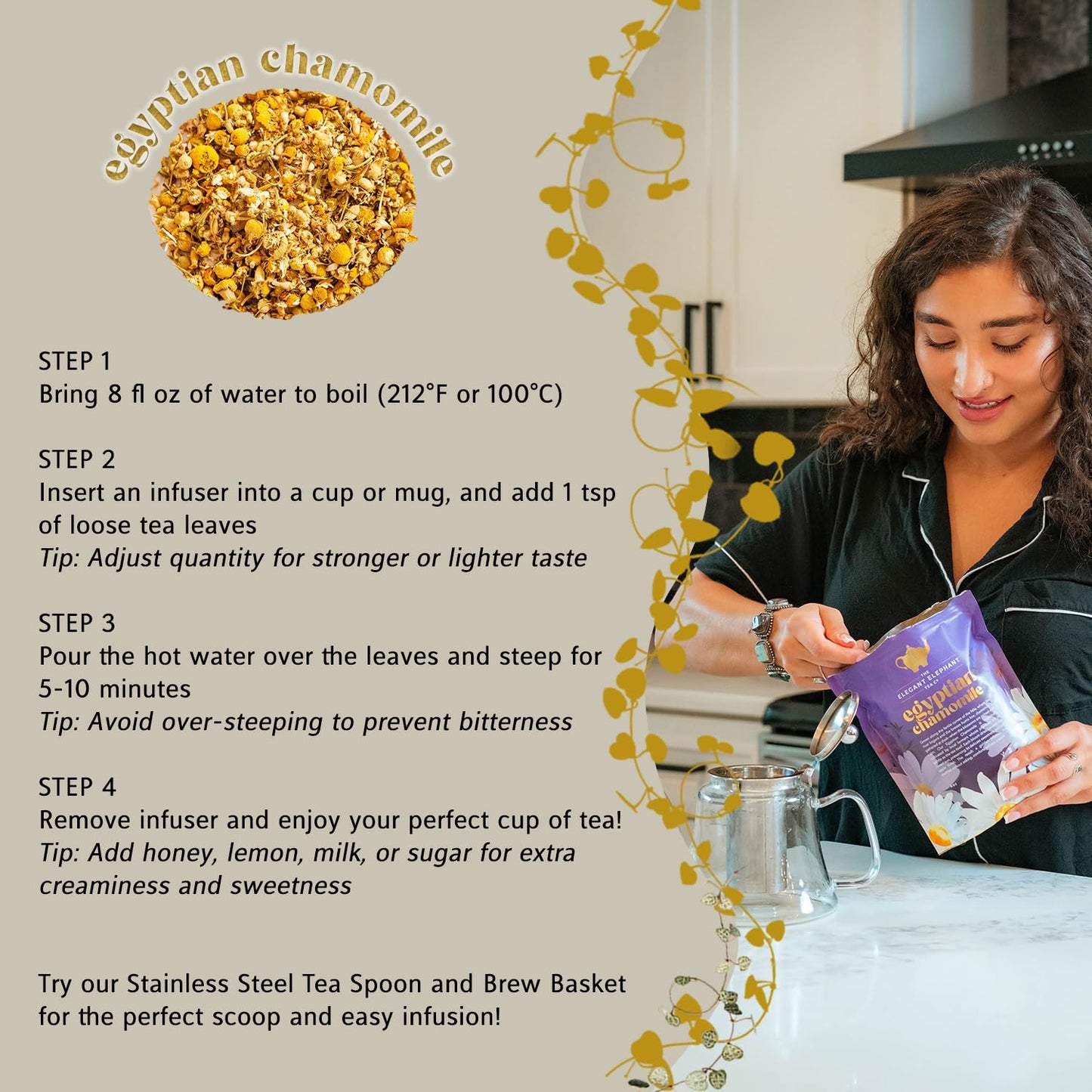 Egyptian Chamomile Tea, Organic Loose Leaf Herbal Tea – Cozy, Calming – Supports Stress Relief, Relaxation & Sleep – 4 oz Resealable Bag (Makes 50 Cups) – The Elegant Elephant