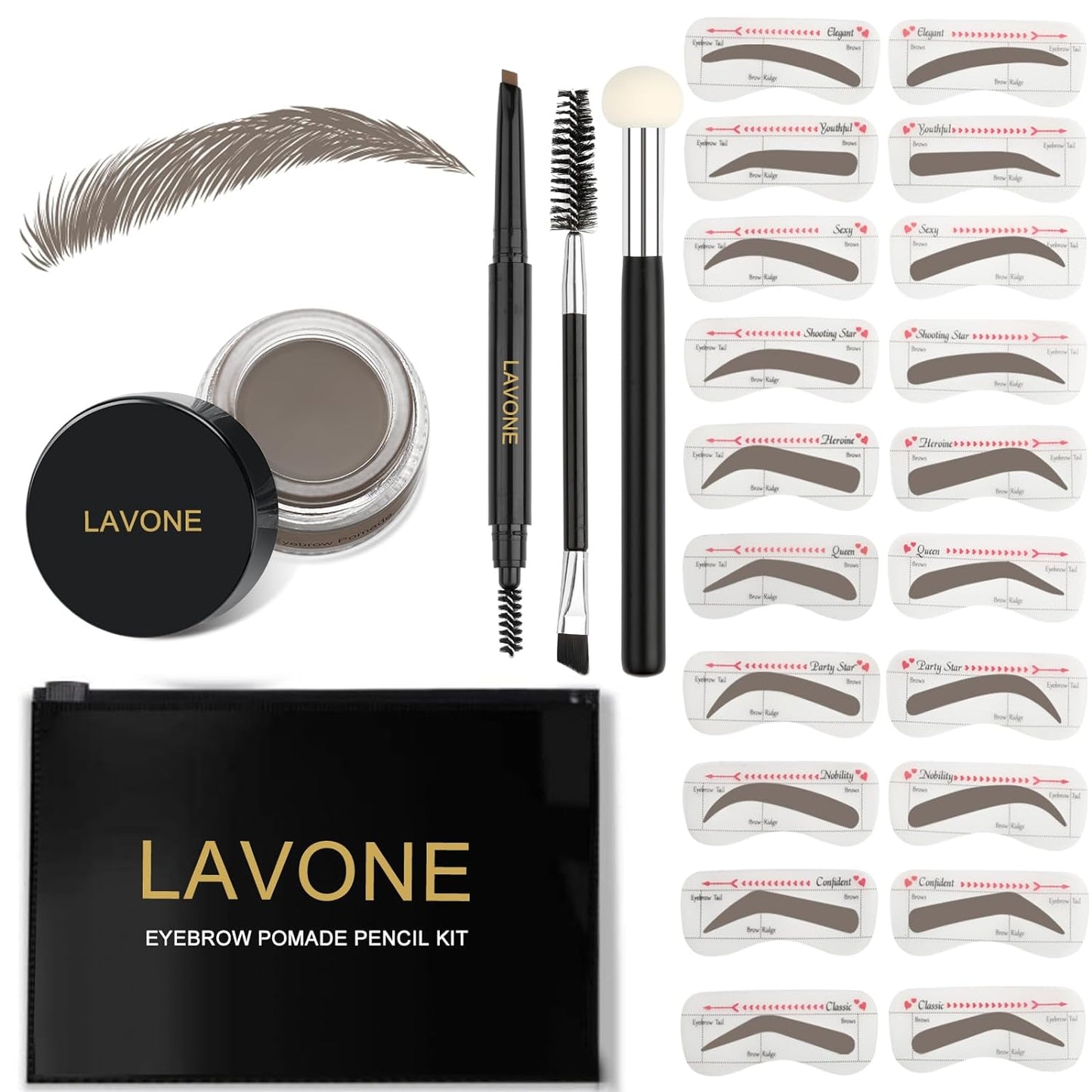 LAVONE Eyebrow Stamp Stencil Kit for Eyebrow, Brow Stamp Trio Kit with Waterproof Eyebrow Pencil, Eyebrow Pomade,20 Eyebrow Stencils,Dual-ended Eyebrow Brush and Sponge Applicator - Grey