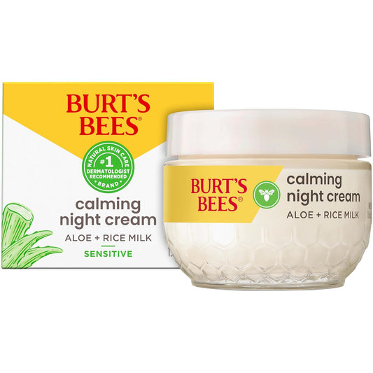 Burt's Bees Back To School Dorm Essentials, Calming Night Cream, With Aloe and Rice Milk, Face Moisturizer For Sensitive Skin, 98.8 Percent Natural Origin, 1.8 oz. Tub