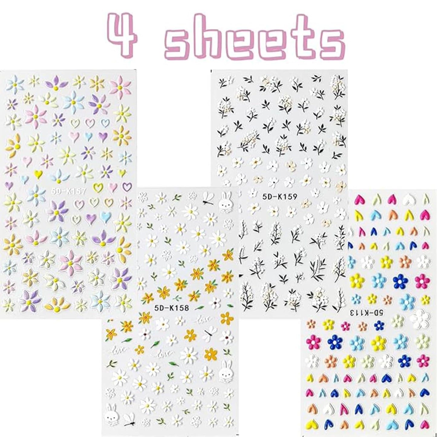 Flower Nail Art Stickers Decals 5D Embossed Nail Decals Spring Summer Daisy Nail Art Design Self-Adhesive Nail Supplies Accessories 3D Flower Nail Stickers for Women Nail DIY Decoration