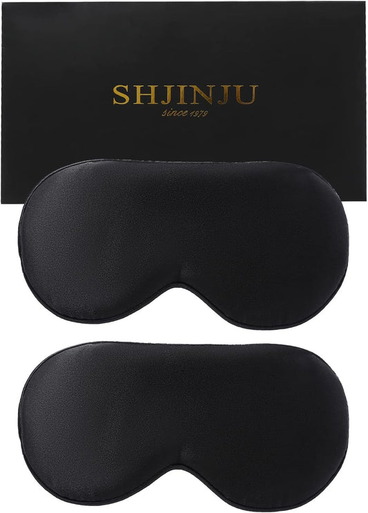 2-Pack 100% Real Natural Silk Eye Mask, Silk Sleeping Mask, Shade Puffy Eye Gift with Adjustable Straps, Sleep Eye Mask, SHJINJU Eye Mask Shade (Black and Black)