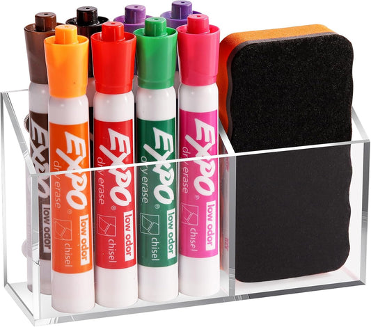 Magnetic Pen Holder Classroom Organization Acrylic Marker Holder for Whiteboard Refrigerator Locker Accessories Pencil Dry Erase Marker Basket (2 Compartments * 1)