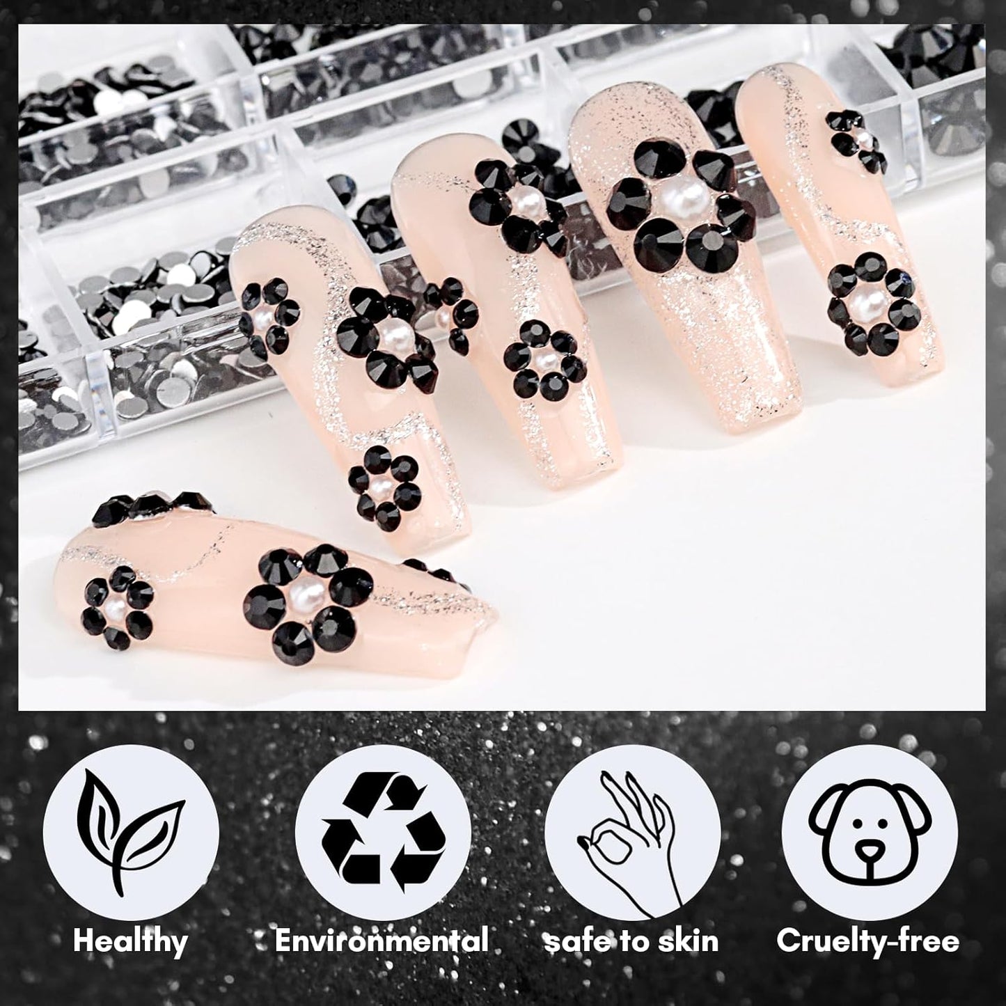 Makartt, 1110 Pcs Rhinestones Set, Black, Round, Multi-Size, Glass or Crystal, for DIY Crafts, Nail Art Supplies Accessories, Christmas Gift