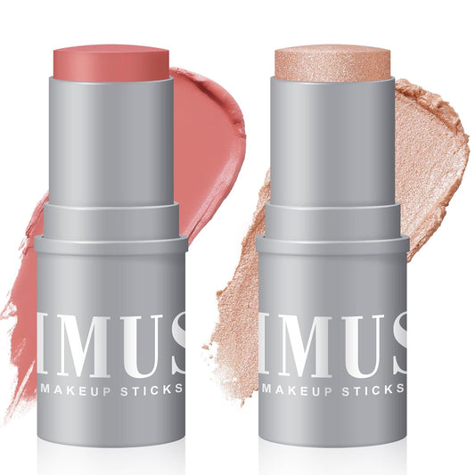 KIMUSE Highlighter Makeup Stick Duo, Cream Blush & Highlighter Trimming Stick, Creamy High Pigmented, Long Lasting, Vegan Face Make Up Sticks