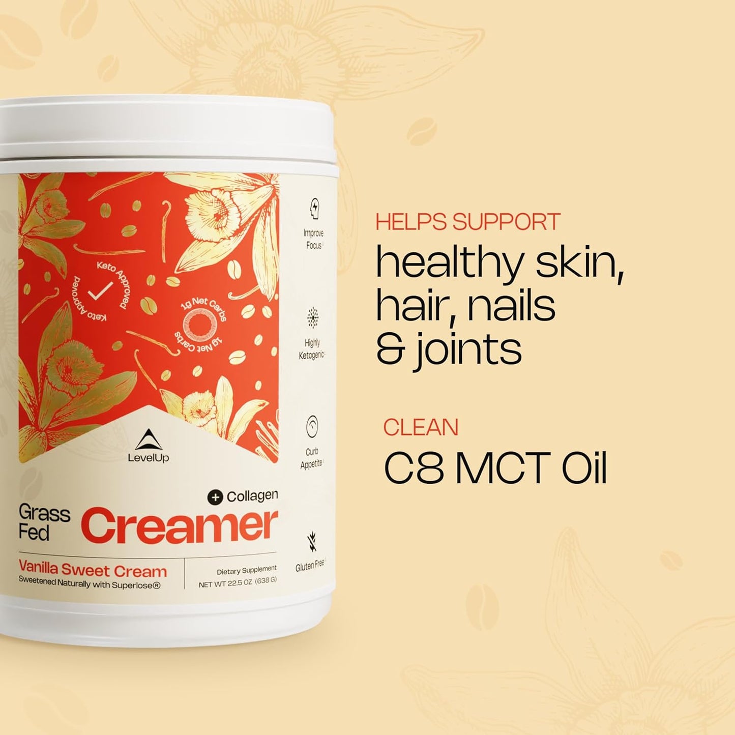 LevelUp Creamer, with Energizing MCT Oil and Collagen Peptides, Keto Coffee Creamer, Supports Natural Energy & Ketone Production - Vanilla Sweet Cream, 22.5 oz