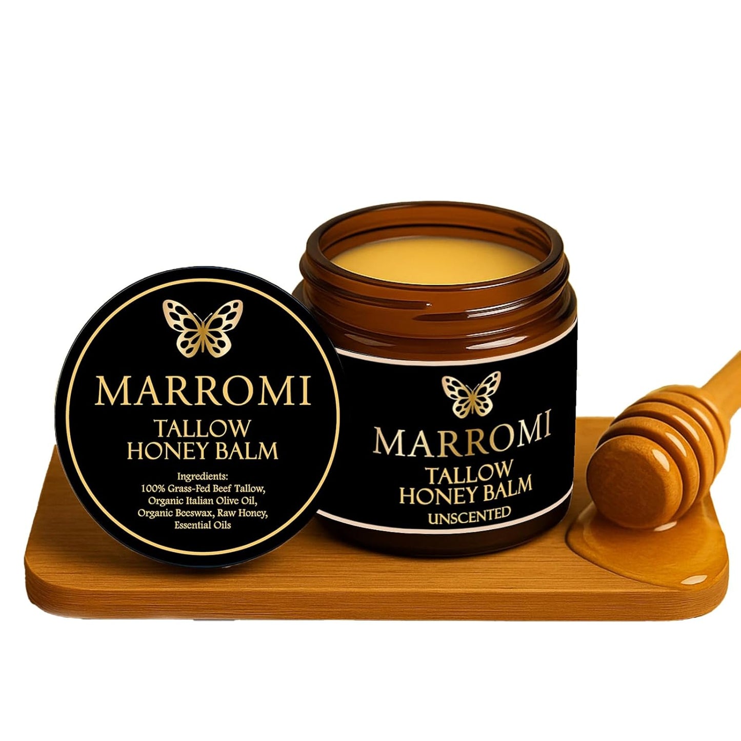 Marromi Beef Tallow for Skin, Tallow Honey Balm, Organic Grass-Fed Beef Tallow Balm with Raw Honey, Natural Soothing Moisturizing (Unscented)