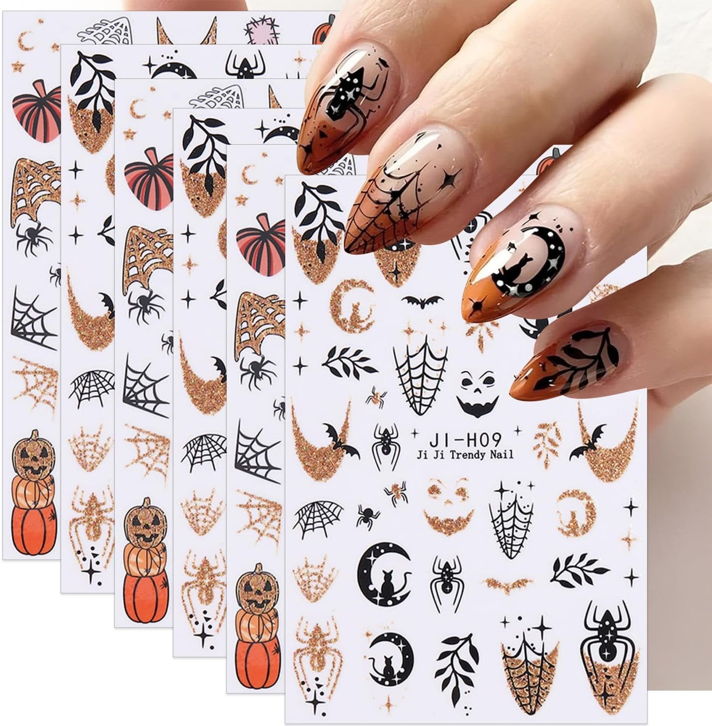 Halloween Nail Stickers 6PCS - Spooky Ghost Pumpkin Skull Cat Glitter Nail Decals, 3D Self-Adhesive Nail Art Supplies for Women, Festive Holiday Nail Decorations