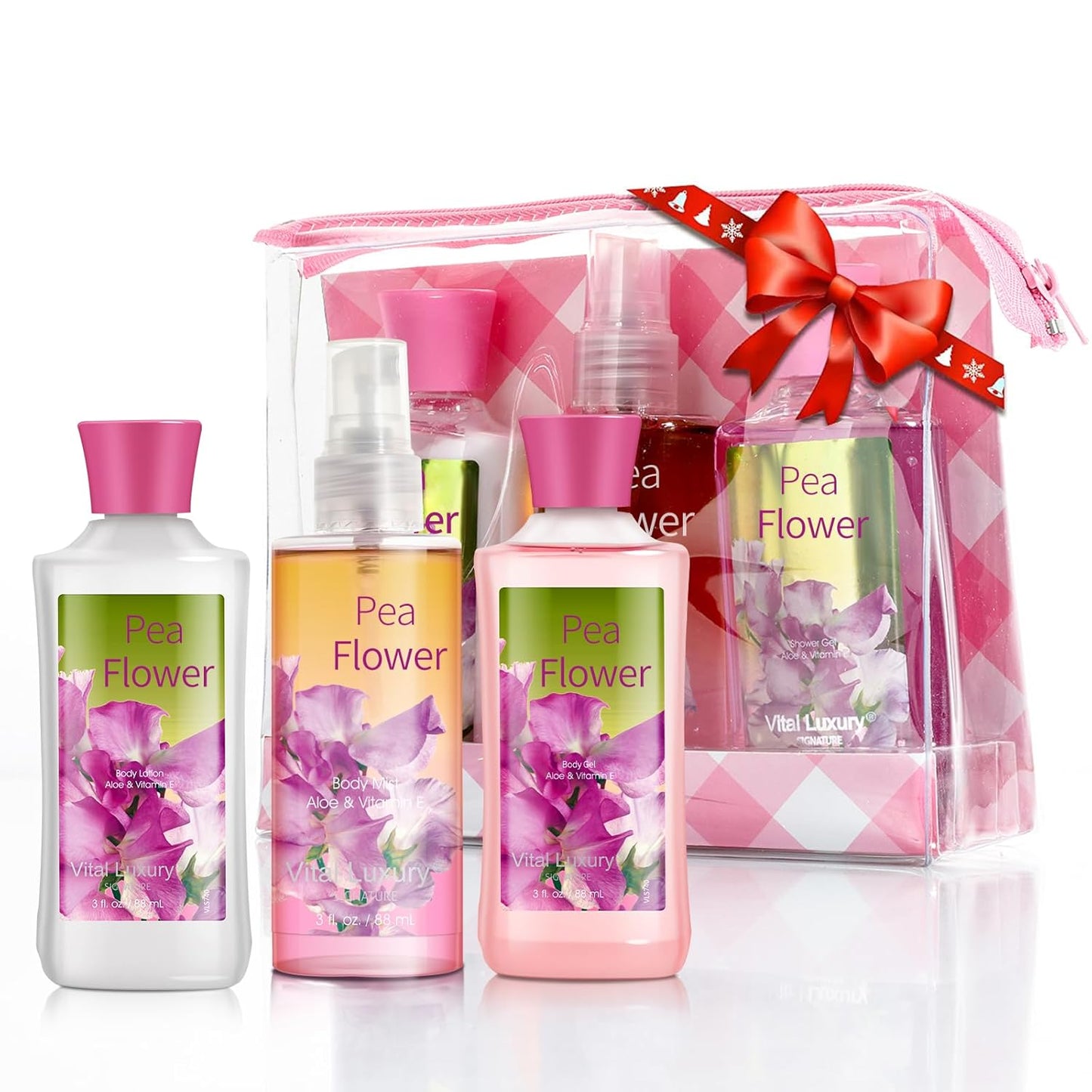 Bath & Body Care Travel Set Pea Flower Scent Home Spa Set with Body Lotion, Shower Gel and Fragrance Mist, Christmas Gifts for Her and Him