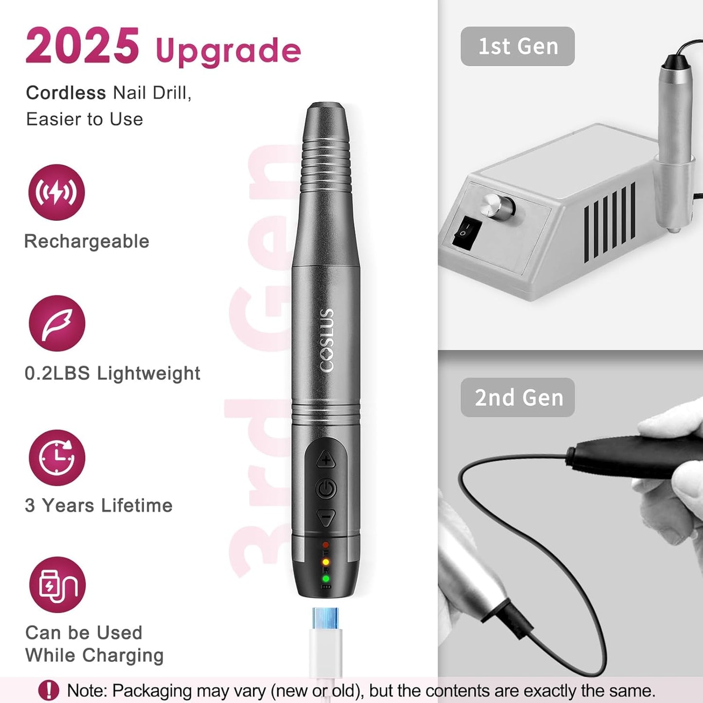 COSLUS Cordless Nail Drill Electric File: Professional for Acrylic Gel Dip Powder Nails Portable Nail Drill Machine Kit for Manicure Pedicure Nail Set with Everything Rechargeable Lightweight