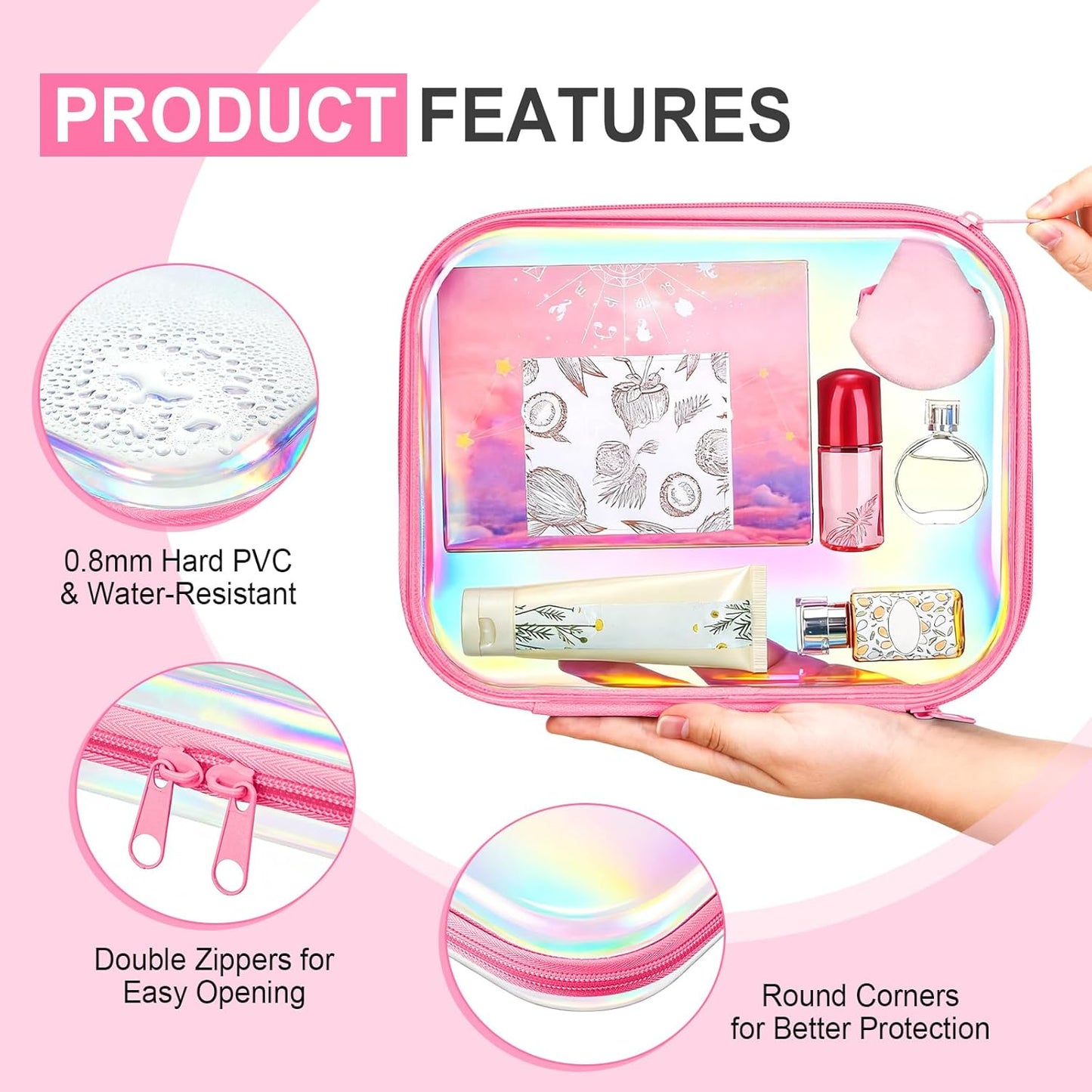 Hoolerry 4 Pcs Hard Clear Zipper Case Makeup Bags Plastic Pencil Pouch Transparent Storage Box Containers for Cosmetics, Snacks, Building Blocks, Puzzles(Pink Laser,9.8 x 7.9 x 2 in)