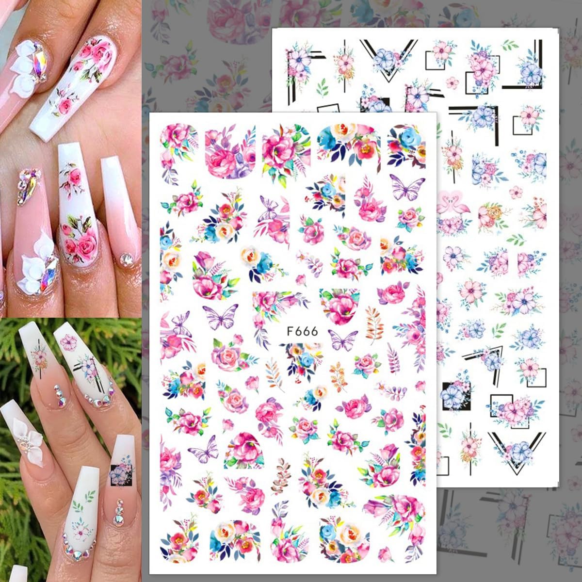 Flowers Nail Art Stickers Decals 10 Sheets 3D Self Adhesive Flower Nail Design Stickers Spring Summer Blossom Flowers Floral Nail Decals for Women DIY Manicure Flowers Nail Stickers Decoration Supply