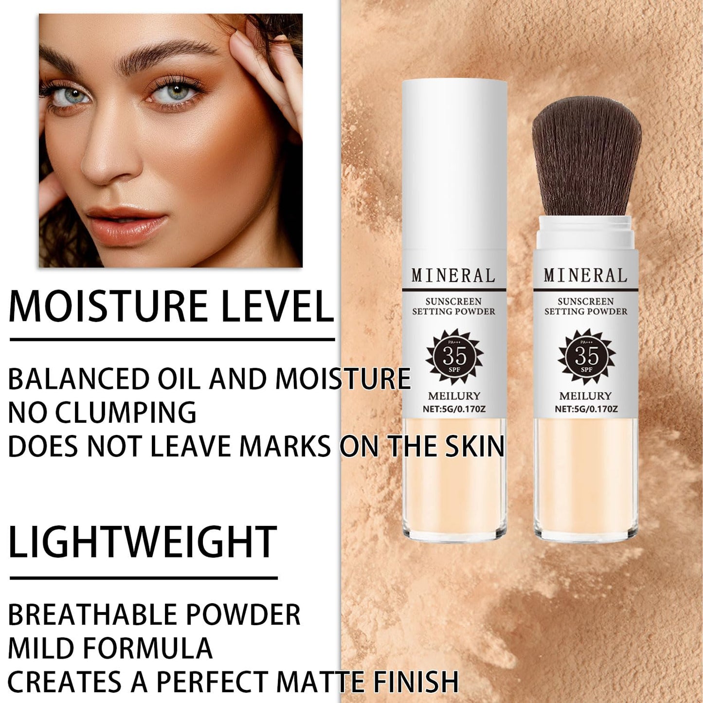 Sunscreen Setting Powder SPF 35, Mineral Brush Powder for Face & Scalp, Oil Control Natural Matte Finish Loose Powder Translucent Lasting Lightweight Breathable for All Skin (#05 Medium)