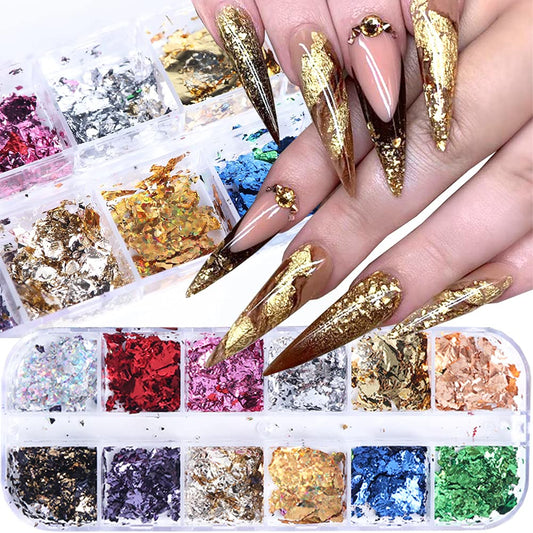 Gold Nail Art Glitter & Sequins Holographic Irregular Foil Sticker 3D Glitter Foil Flakes Decals - 12 Colors